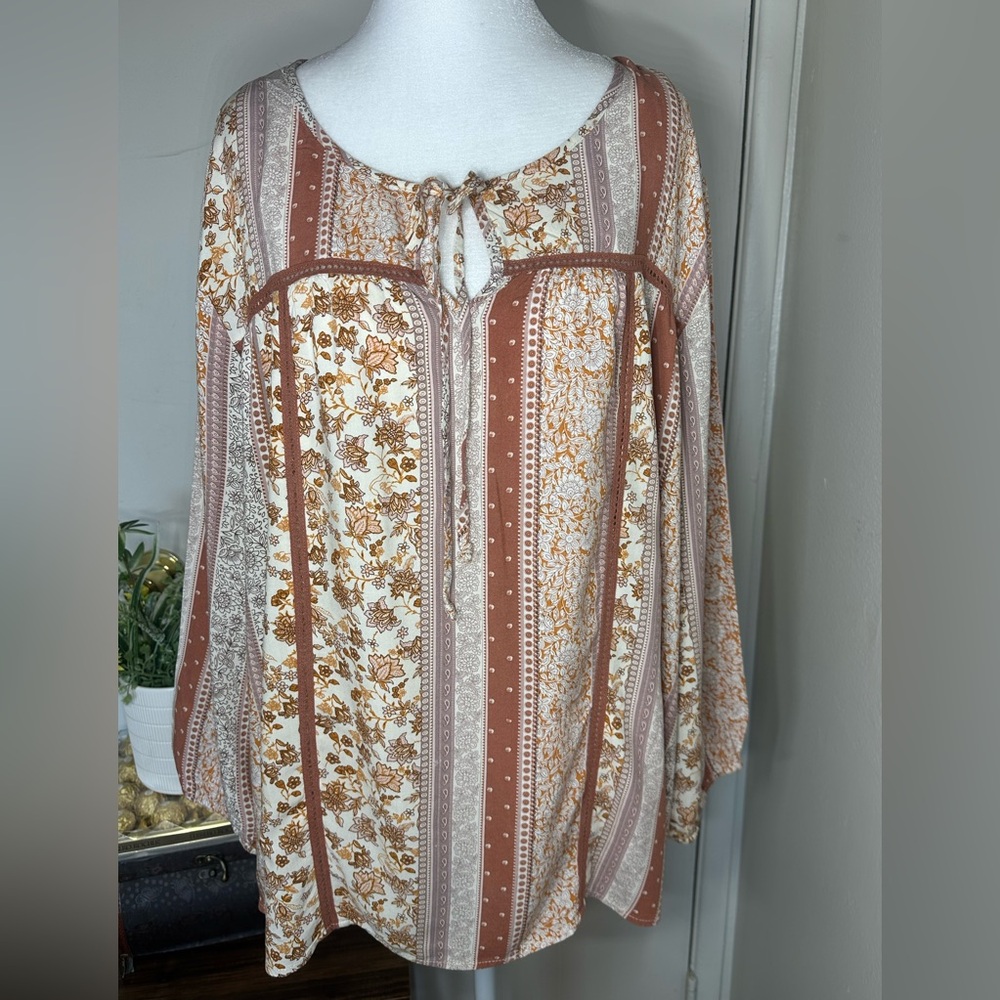 Rustic Floral Stripe Blouse women size 3X 100 rayon